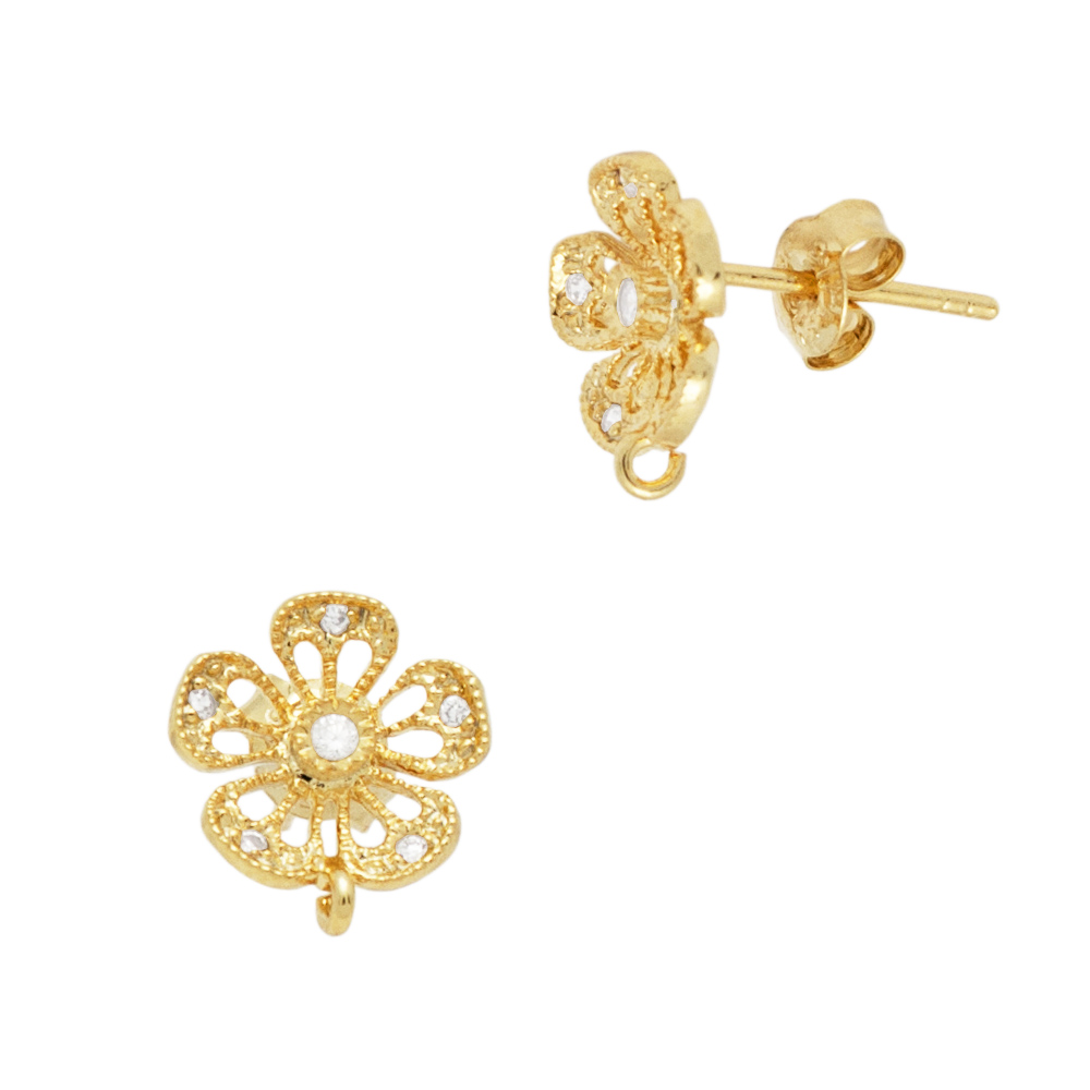 Yellow Sterling Silver and CZ Filigree Flower Stud Earring with Ring