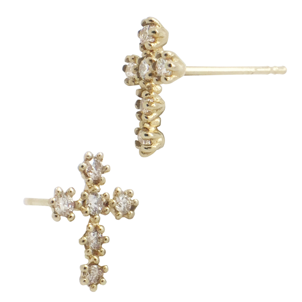 14K Gold Yellow 6.5x9mm Cross Stud Earring with Diamonds In Prong Setting