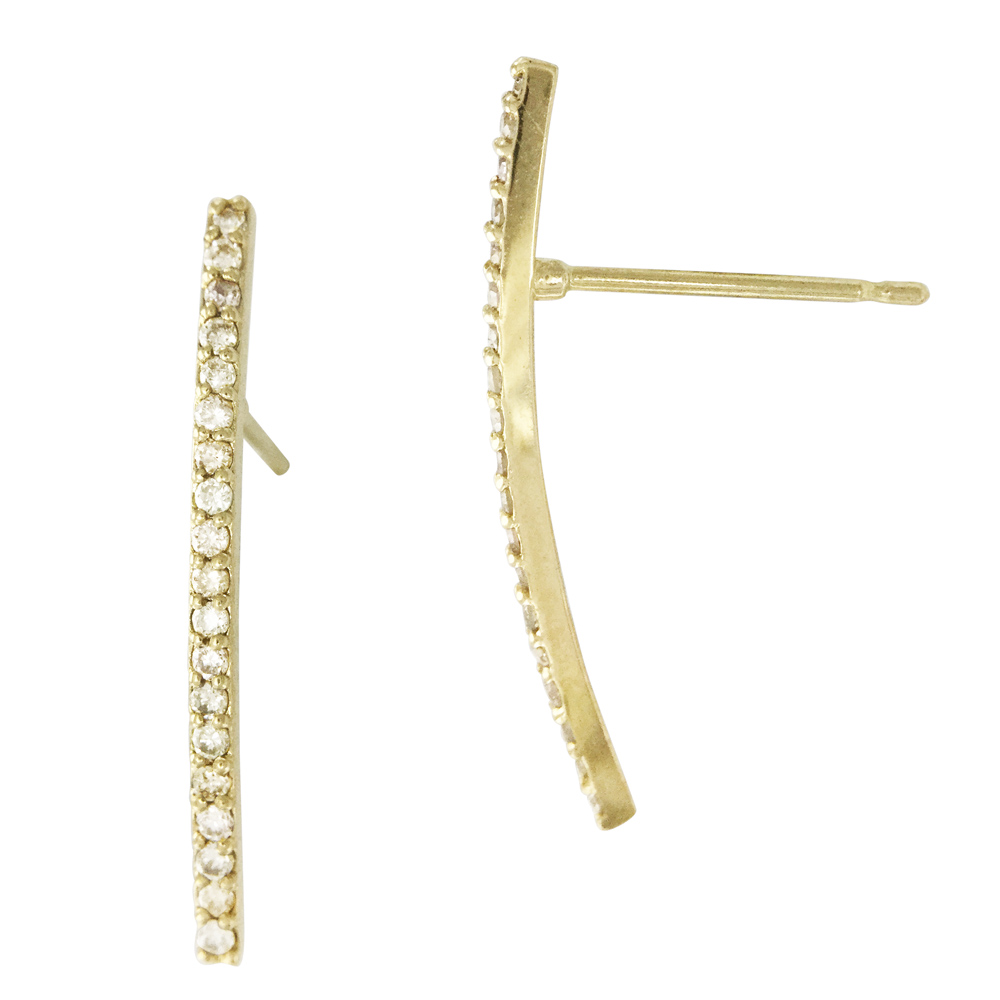 14K Gold Yellow 1.2x20mm Thin Single Row Rounded Bar Stud Earring with Diamonds in Pave Setting