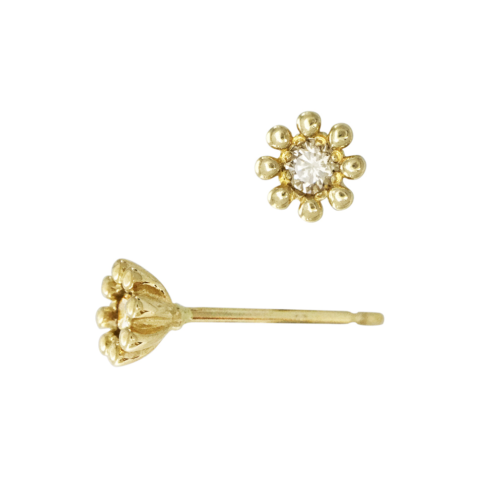 14K Gold Yellow 4mm Daisy Flower Stud Earring With Diamond Center