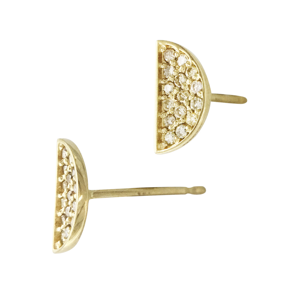 14K Gold Yellow 4x8mm Semi-Circle Stud Earring with Diamonds in Pave Setting