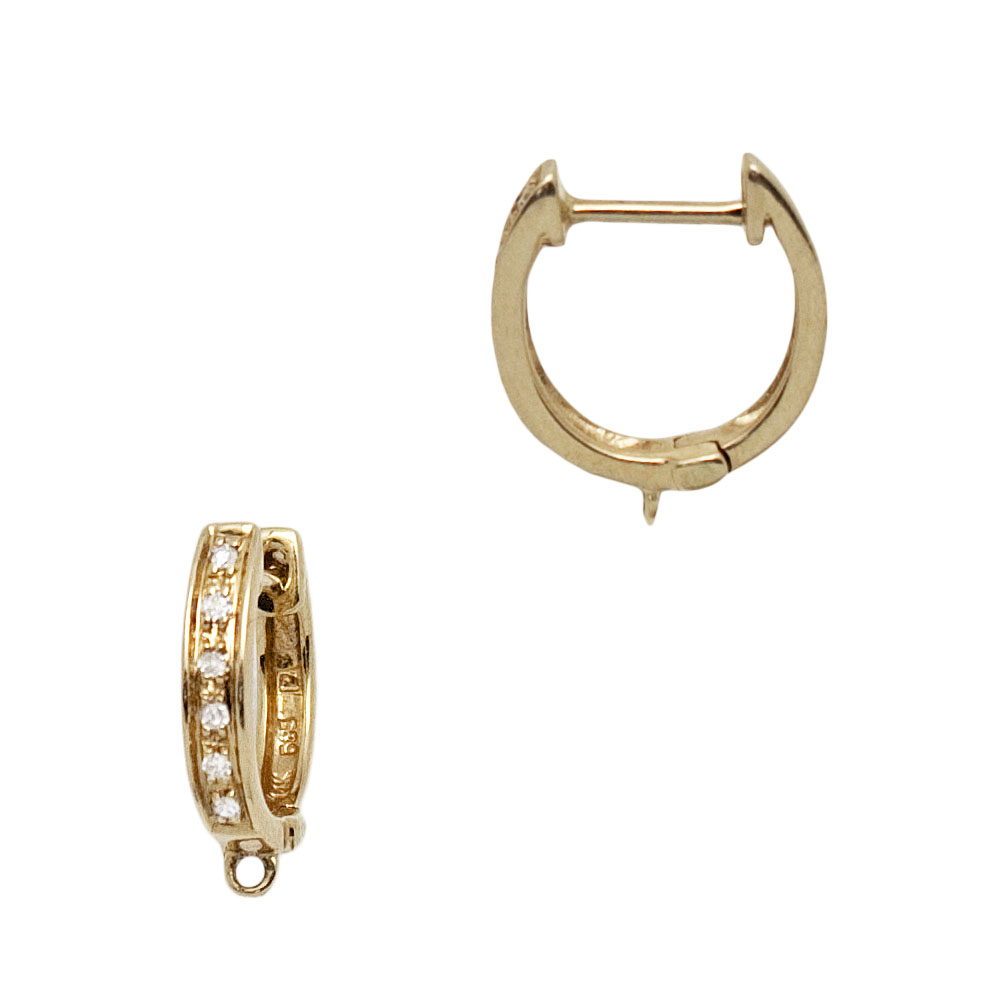 14K Gold Yellow 10mm Diamond Huggie Earring Pair with Attached Ring
