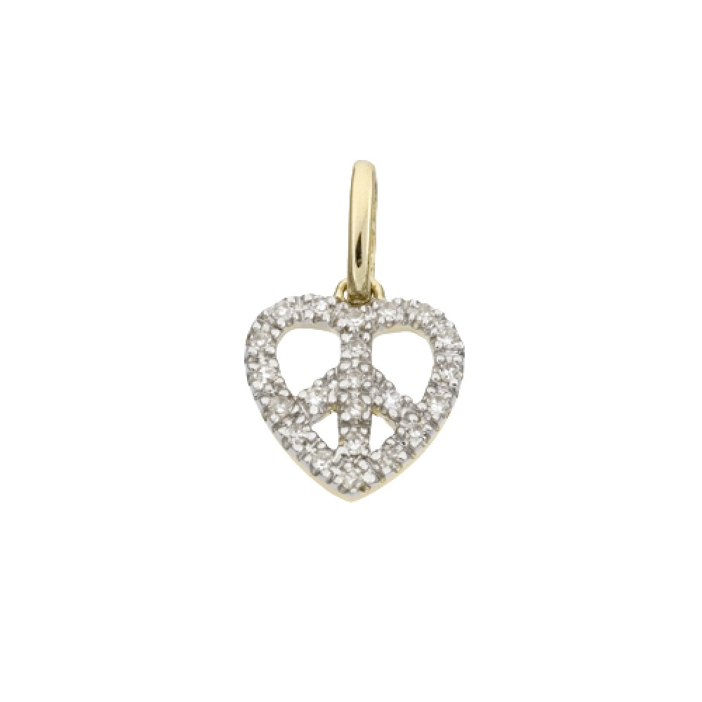 14K Gold Yellow 10mm Diamond Heart and Peace Sign Charm