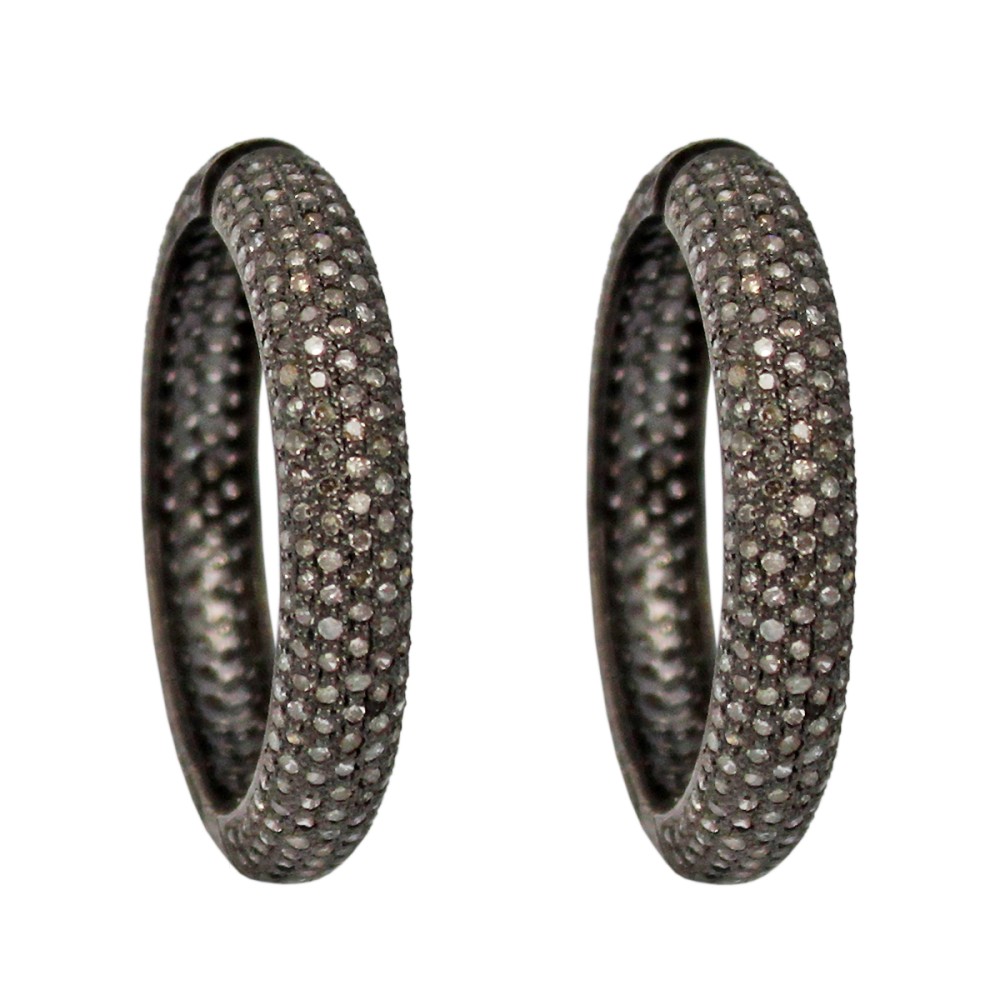 5.5x34mm Oxidized Sterling Silver Pave Diamond Round Click Hoop Earring