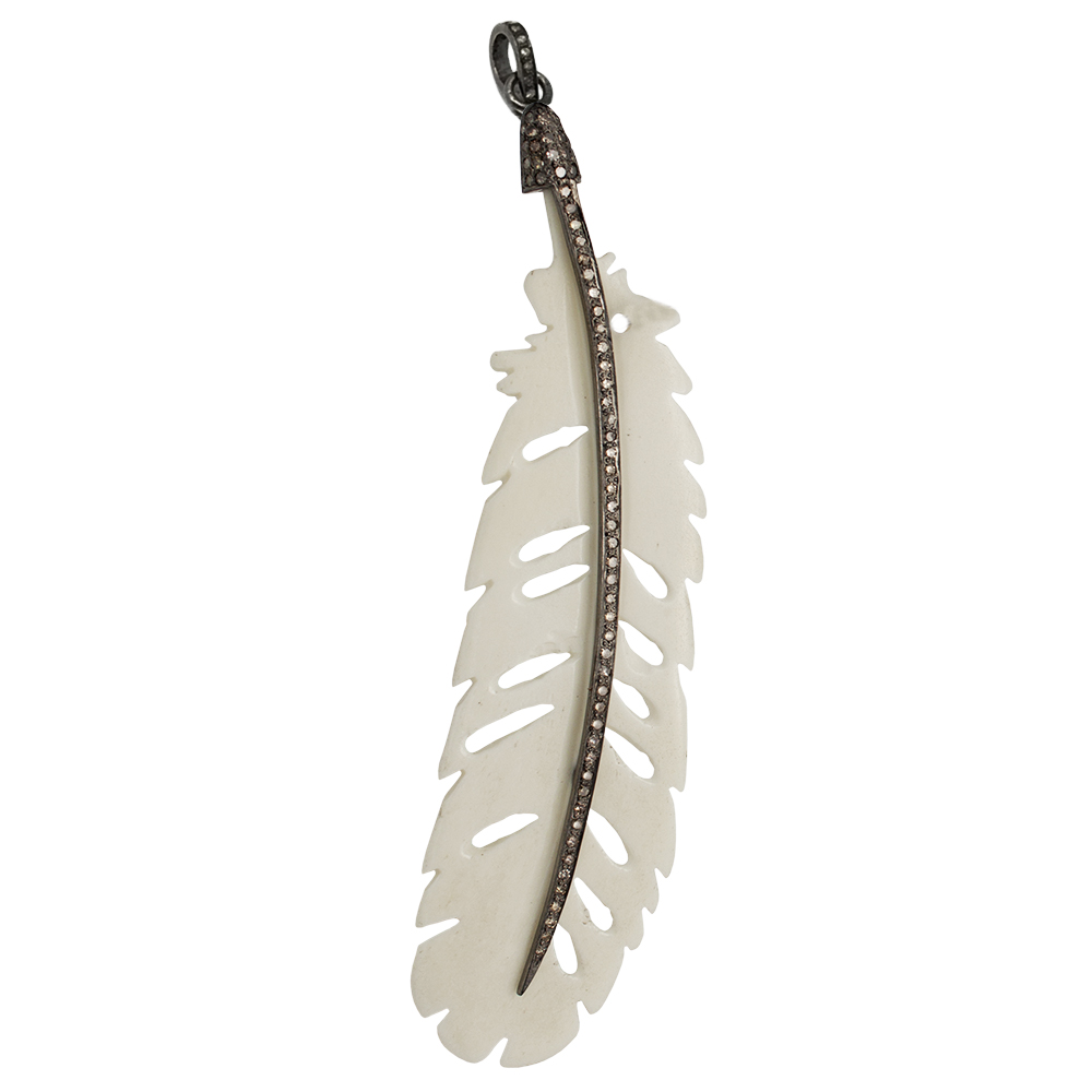 100mm Oxidized Sterling Silver Pave Diamond and Bone Feather Pendant