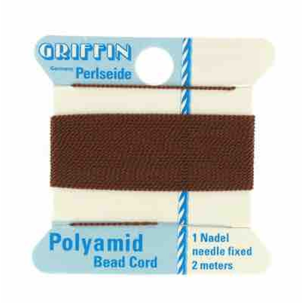 Brown Nylon Cord, Polyamide Beading Cord with Needle Attached, 2-Meters Long